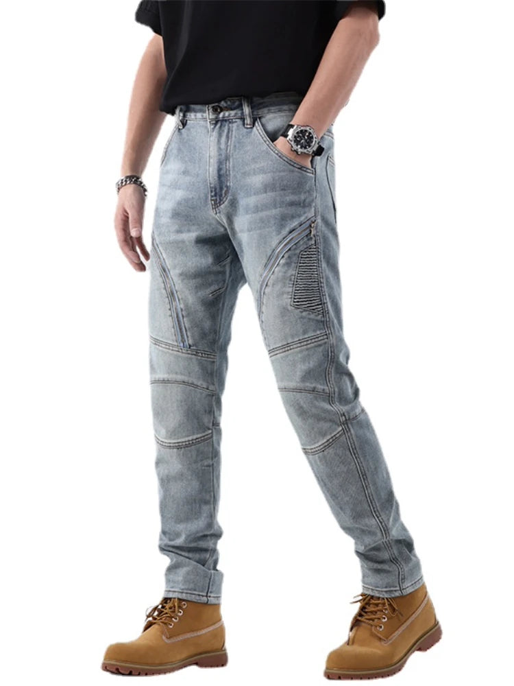 zipper hole patchwork pleated skinny denim jeans men casual slim fit biker trouser jeans fashion streetwear hip hop jean joggers urban active pants