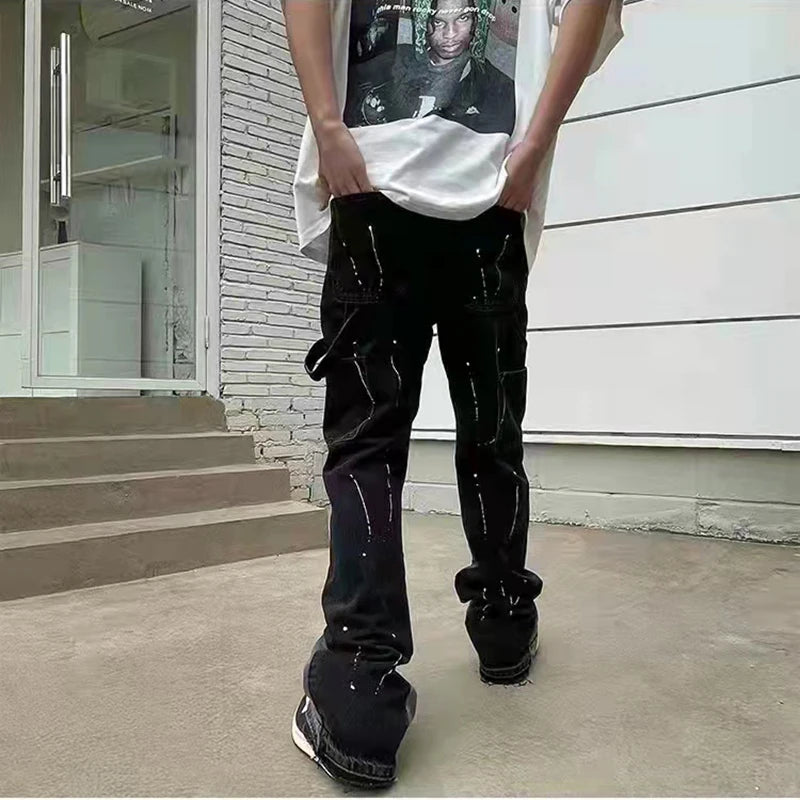 vintage streetwear flared jeans denim hip hop splashing ink wide leg jean overalls for men fashionable retro patchwork jeans y2k unique jeans style 496