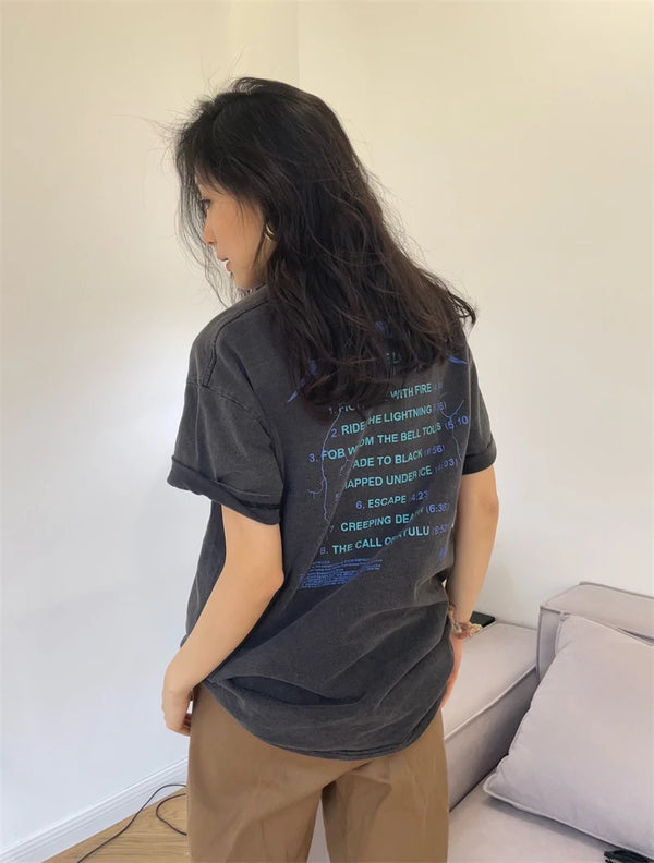Y2k Aesthetic print tee – Summer Vintage High Street Wash Lightning Print T Shirt Vint