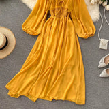 Chic Elegant Square Collar Maxi Dress Women Solid Chiffon Puff Sleeve Dresses 2023 Korean Fashion Vintage Ruffle Vestidos