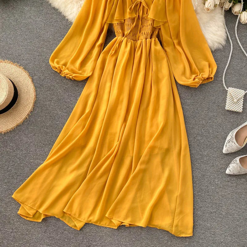 Chic Elegant Square Collar Maxi Dress Women Solid Chiffon Puff Sleeve Dresses 2023 Korean Fashion Vintage Ruffle Vestidos