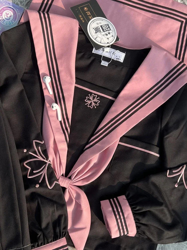 JK Original Kawaii Suit Japanese Genuine Cherry Blossom Embroidered Top + Dark Bad Jk Uniform Skirt Girly Sailor Suit