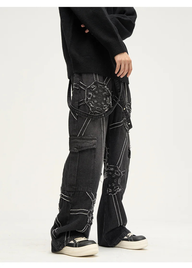 punk belt denim jeans pants women harajuku streetwear side pocket cotton men unisex casual baggy joggers straight pants trousers relaxed fit joggers