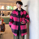 Plaid Woolen Trenchcoat Men Autumn Winter Fashion Retro Streetwear Suit Collar Loose Casual Trendy Trench Coat Outerwear