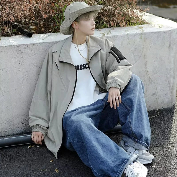 Outdoor Mens Charge Jacket Retro Loose Stand Collar Waterproof Tooling