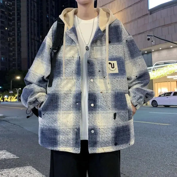 American high street men and women trendy personalized hooded cardigan sweatshirt couple loose retro plaid casual jacket top y2k