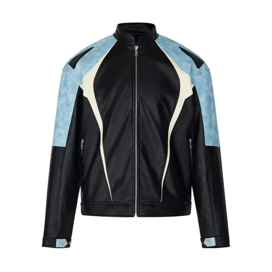 Trendy Motorcycle PU Leather Jacket Mens Vintage American Color Blocked Stand Collar Racing Suit Zipper Punk Baseball Coats