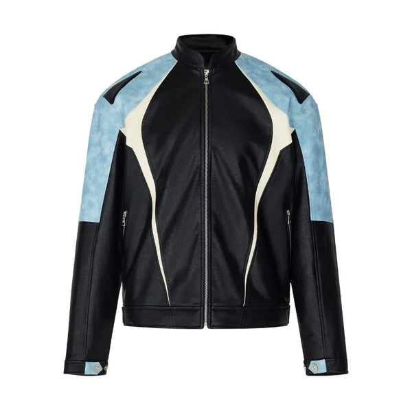 Trendy Motorcycle PU Leather Jacket Mens Vintage American Color Blocked Stand Collar Racing Suit Zipper Punk Baseball Coats