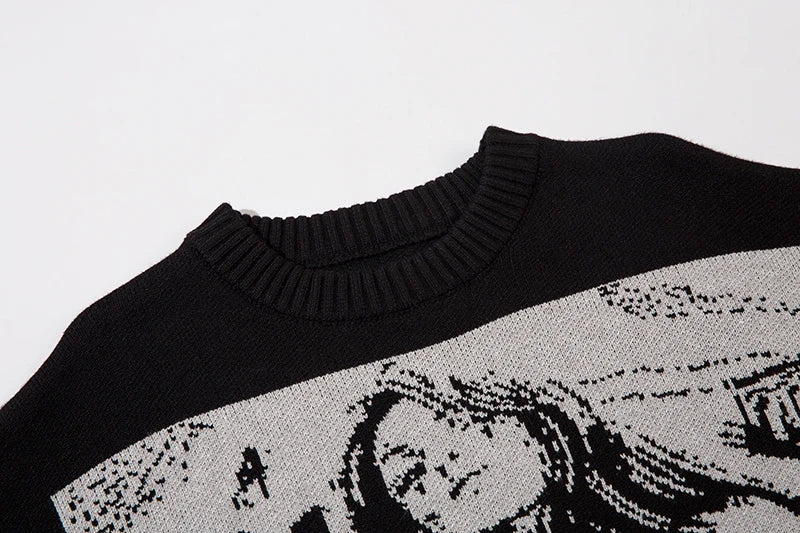 fashion hip hop knitted sweater men autumn winter o neck anime pattern pullover streetwear casual loose sweaters jumper knitwear oversized graphic print design, Y2K vintage urban hoodie, streetwear fashion hoodie