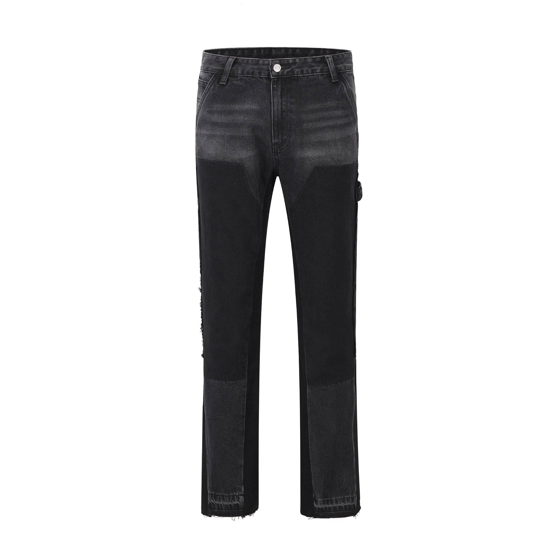 high street fashion contrast straight tube micro flared jean horn pant washing mens tassel vintage patchwork wide denim jeans ripped baggy denim