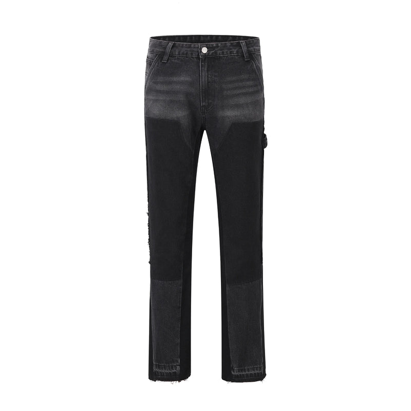 high street fashion contrast straight tube micro flared jean horn pant washing mens tassel vintage patchwork wide denim jeans ripped baggy denim