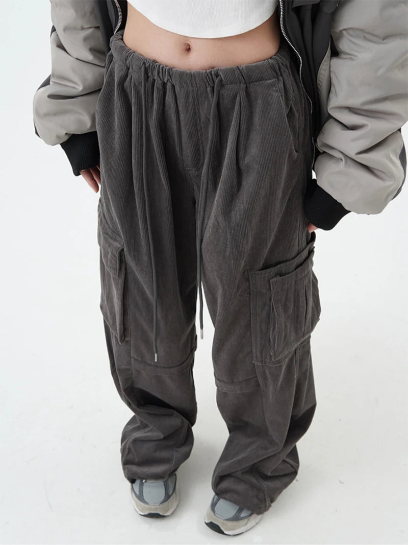 women high street corduroy pants casual elastic waist side pocket loose straight pant unisex hip hop y2k loose streetwear jogger relaxed fit joggers
