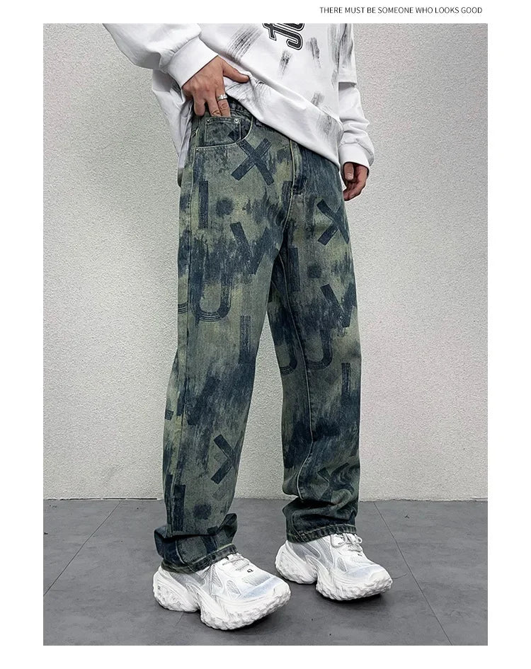 men loose casual american high street hip hop vibe printed denim baggy jeans pants man streetwear ripped jeans trousers unique jeans style 3096