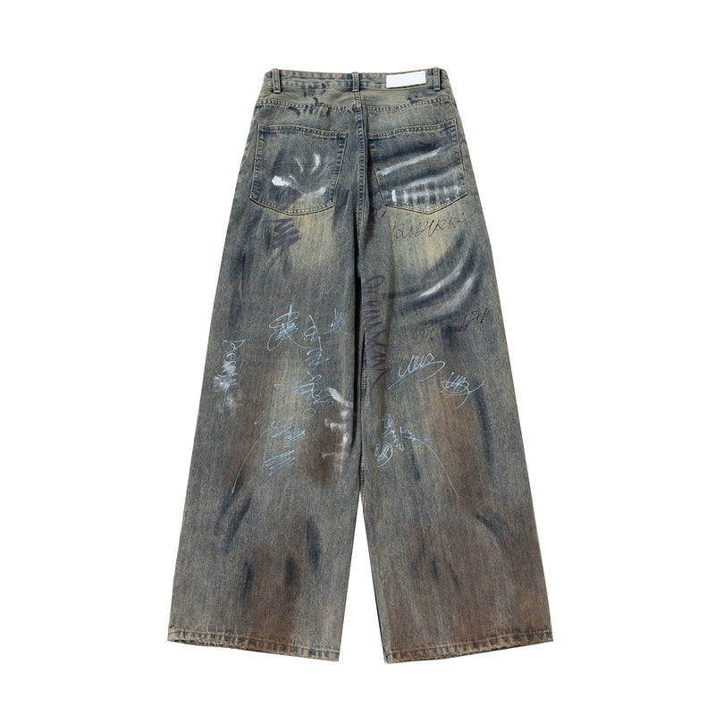 graffiti handdrawn damaged wash baggy jeans for men and women straight streetwear y2k denim trousers pantalones hombre cargos 1 unique cargo style 100