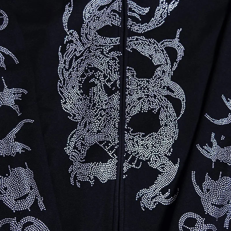 Y2K Rhinestone Skeleton Men Women Grunge Hooded Jacket Zip Up Oversize
