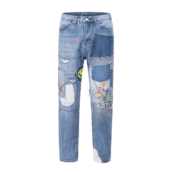high street floral embroidery patchwork ripped blue jeans pants for male retro straight casual denim trousers oversized jean vintage washed jeans