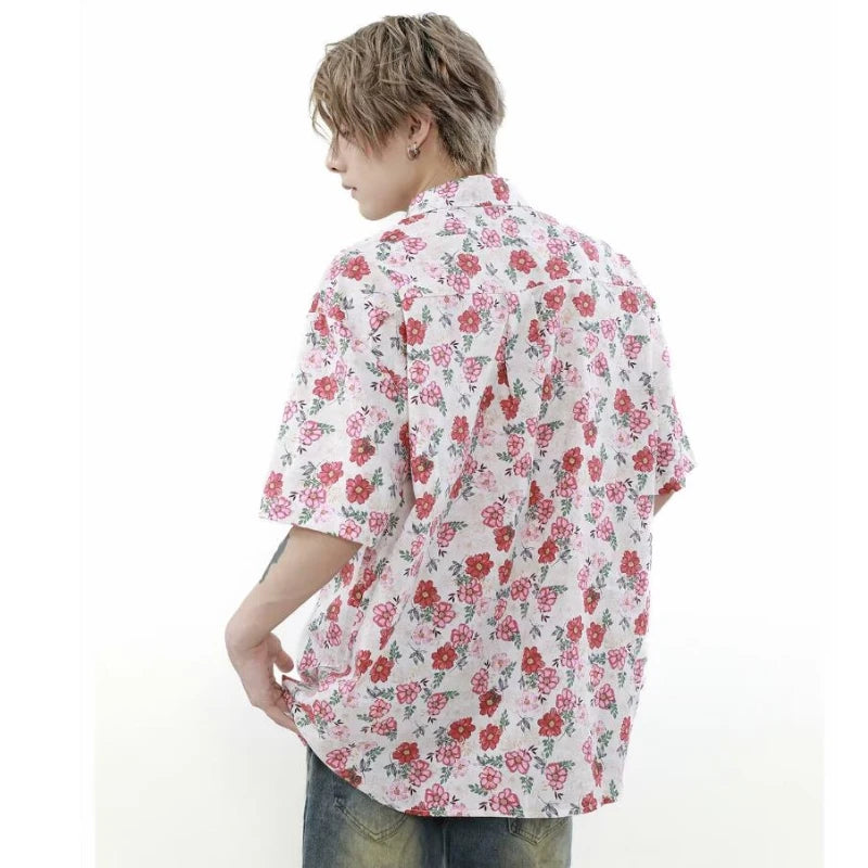 summer harajuku set mens flower print casual short sleeved top gradient straight leg jeans 2 pcs set high street trendy suit stacked flare jeans
