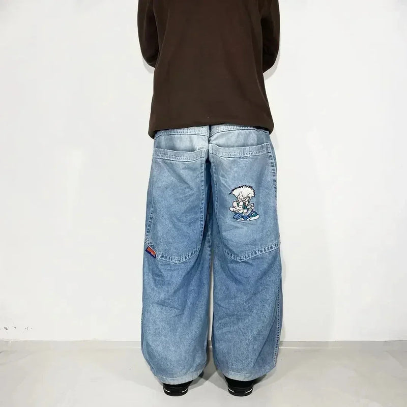 american y2k new fashion pattern embroidered spot straight jeans men street hip hop retro loose wide leg pants couple punk jeans ripped baggy denim