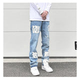 letters patckwork bottom ripped denim jeans men casual straight biker trousers fashion streetwear hip hop jean pants joggers unique joggers style 3734