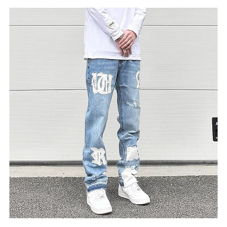 letters patckwork bottom ripped denim jeans men casual straight biker trousers fashion streetwear hip hop jean pants joggers unique joggers style 3734