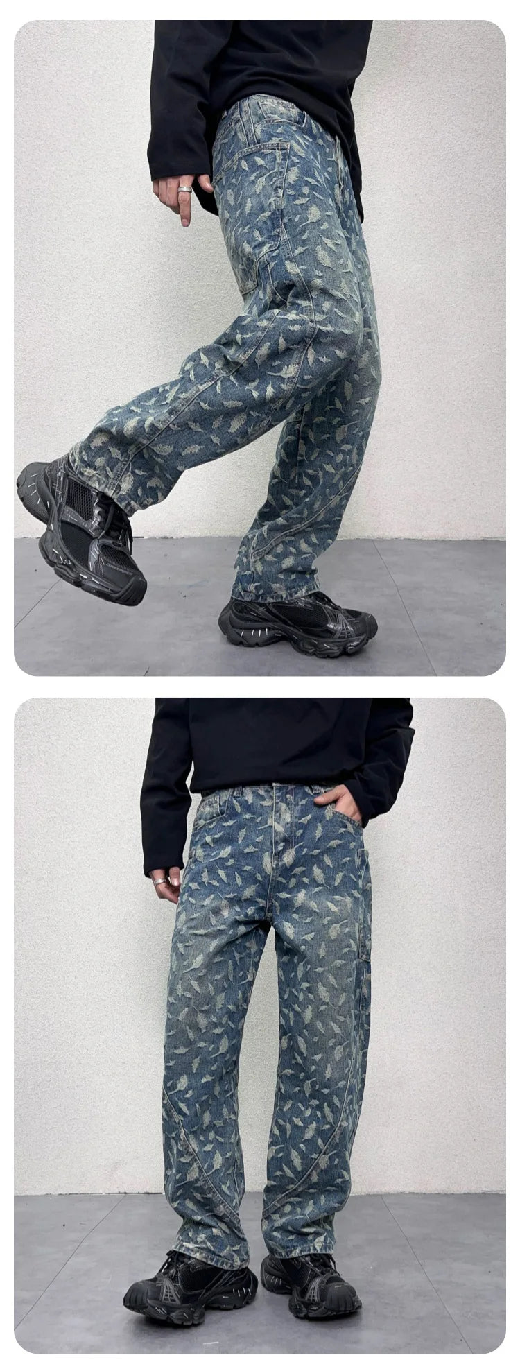 men jacquard loose casual hip hop vibe splice pocket denim baggy jeans pants man streetwear ripped jeans trousers boyfriend unique jeans style 3141