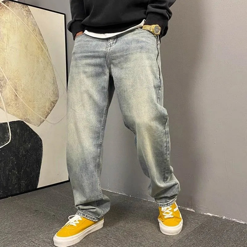 American casual ruffian handsome washed retro zipper jeans men straight loose trendy brand wide-leg trousers men