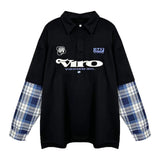 street japanese mens set embroidered fake two piece patchwork tops hip hop washed jeans 2 piece harajuku suits y2k streetwear unique jeans style 4770