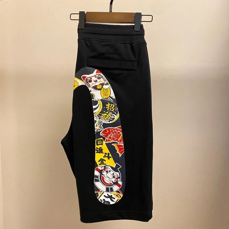 Harajuku Y2K Men's Gym Shorts Evisued Shorts Casual Japanese Fashion Brand M Printed Wide Leg Shorts Summer Men Clothing