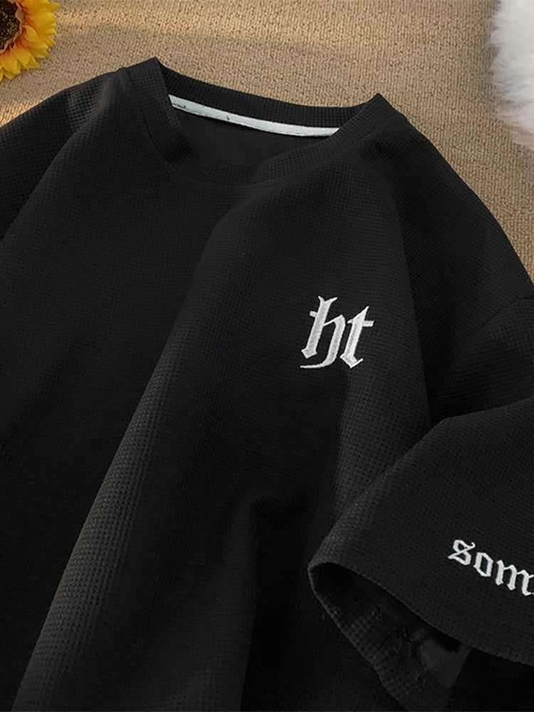 Glitchcore Aesthetic drop – 2024 Summer Letter Embroidered Waffle T Shirt Mens Y2K Vinta