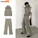 summer sleeveless set men women multi pocket hooded vest jogging cargo pant spring loose casual zipper two piece suit street multi-pocket cargos