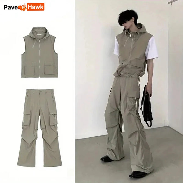 summer sleeveless set men women multi pocket hooded vest jogging cargo pant spring loose casual zipper two piece suit street multi-pocket cargos