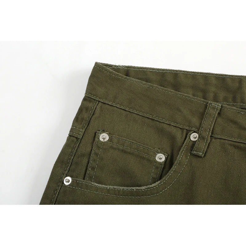 military green cargo jeans pants thin streetwear skinny micro horn ripped jeans hip hop raw edge speckle ink washed slim jeans multi-pocket cargos