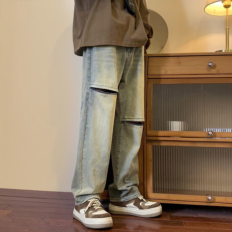 2023 summer new fashion jeans mens couples loose washed wide leg casual trousers boutique clothing simple style jeans for men unique jeans style 3837