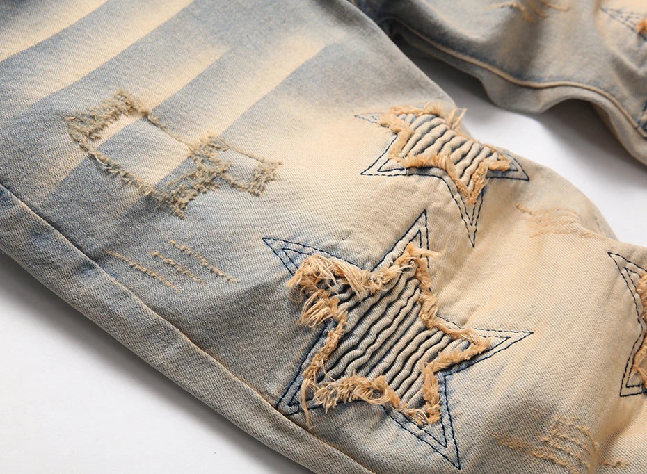star splicing men jeans vintage blue straight denim pants y2k streetwear man fashion jeans trousers unique jeans style 4612