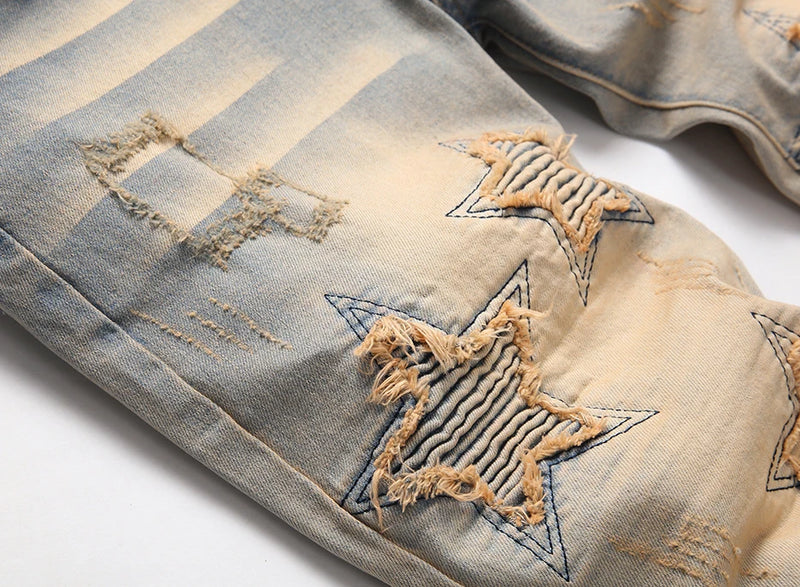 star splicing men jeans vintage blue straight denim pants y2k streetwear man fashion jeans trousers unique jeans style 4612