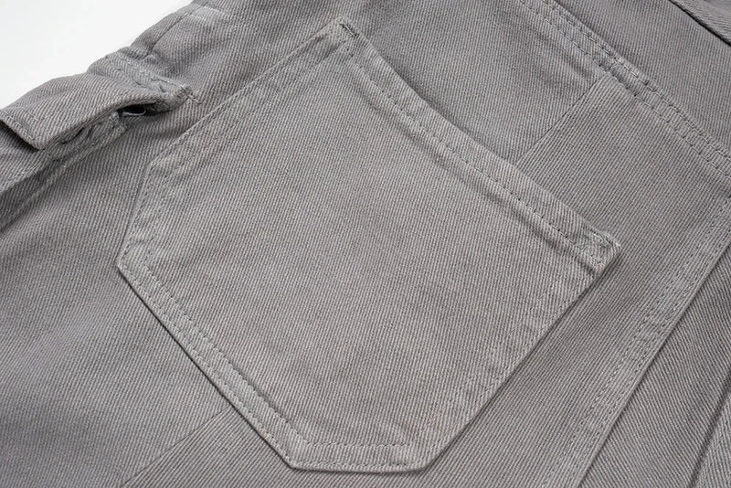 streetwear big pockets sashes pleated baggy jeans for men and women washed straight casual cargo pants oversize denim trousers unique cargo style 152
