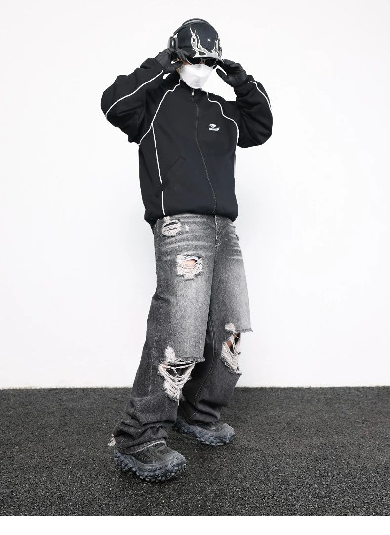 knee destroy big holes high street pants mens casual harajuku zipper straight trousers hip hop fashion streetwear baggy joggers unique joggers style 2915