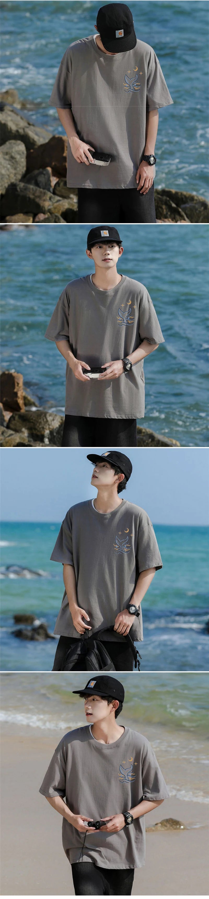 Skatercore Vintage anime – Kawaii Whale Tail Print T Shirt Men Hip Hop Fashion Cotton G