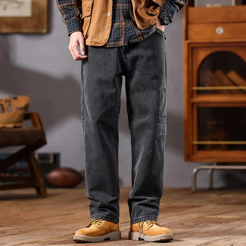 men retro fashion streetwear loose casual plus size straight denim cargo jeans pants man black gray jeans trousers unique cargo style 1989