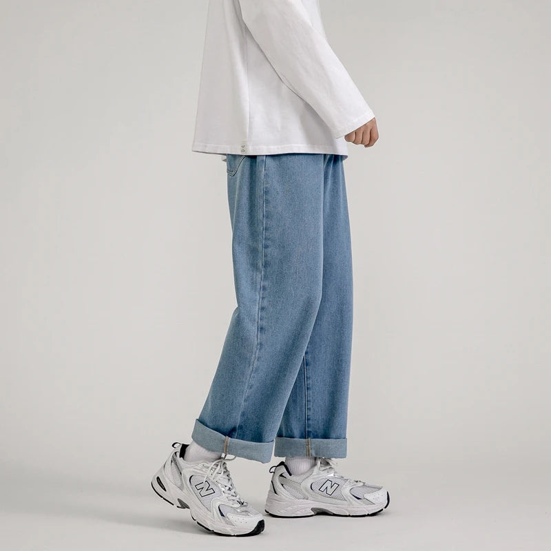 korean fashion mens baggy jeans classic all match solid color straight leg denim wide leg pants male light blue grey black stacked flare jeans