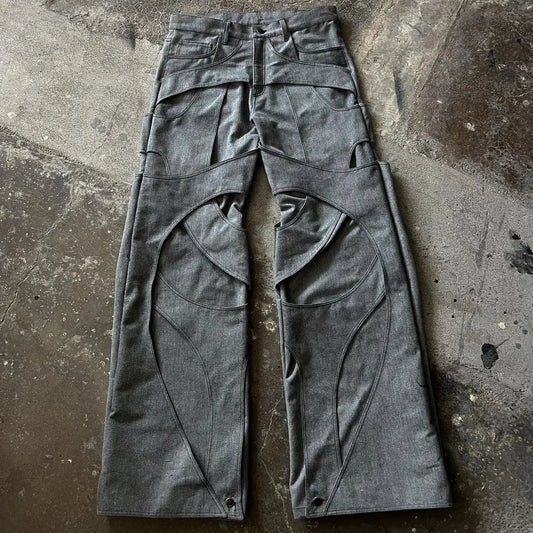 jeans for mens solid color retro work jeans y2k clothes men and women casual floor mopping pants hollow design cotton loose unique jeans style 2617