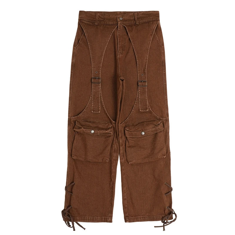 2023 cool design bandage pockets vintage brown baggy men cargo jeans pants y2k hip hop women cotton long trousers pantaloni uomo unique cargo style 1853