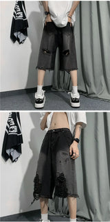 New Style Ripped Denim Shorts Men's Clothing 2024 Summer Five-point Korean Casual Youth Straight Trousers Boutique Clothing