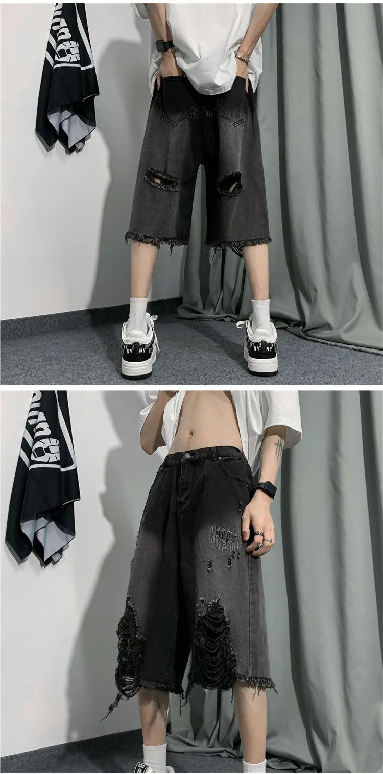 New Style Ripped Denim Shorts Men's Clothing 2024 Summer Five-point Korean Casual Youth Straight Trousers Boutique Clothing