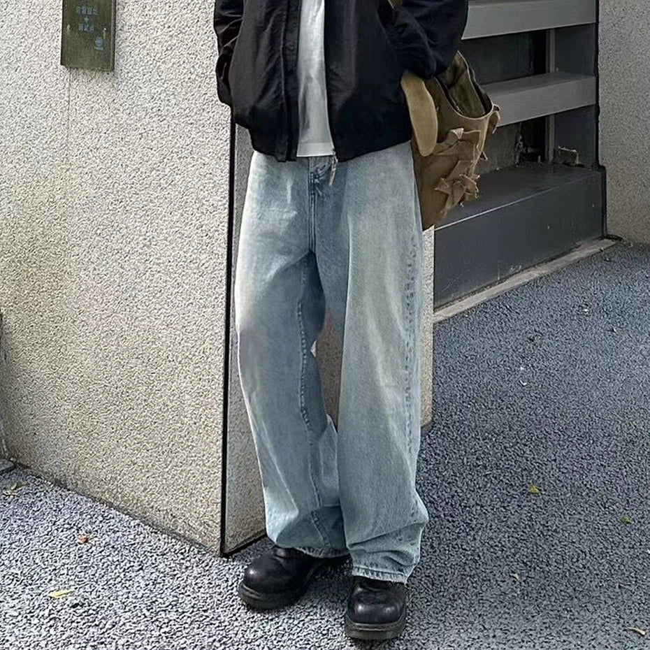hi street blue jeans men loose wide leg denim pants vintage harajuku streetwear jeans trousers for male stacked flare jeans