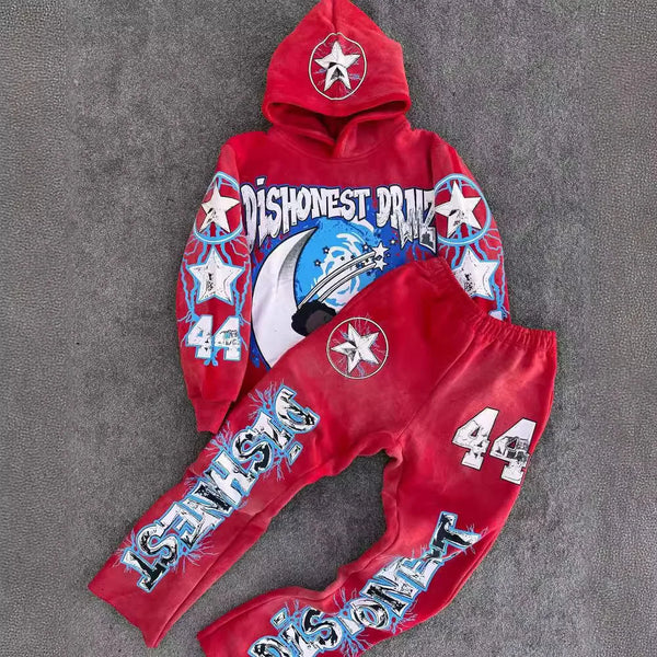 2024 y2k long sleeved foam printed pullover hoodie sweatshirt and pants two piece streetwear trendy wear dark vintage casual we relaxed fit trousers