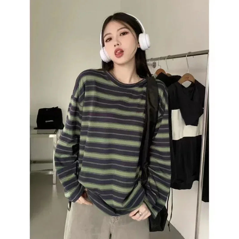Harajuku Vintage print – Women T Shirts Striped Sweatshirt Thin Tops 2024 Spring Wome