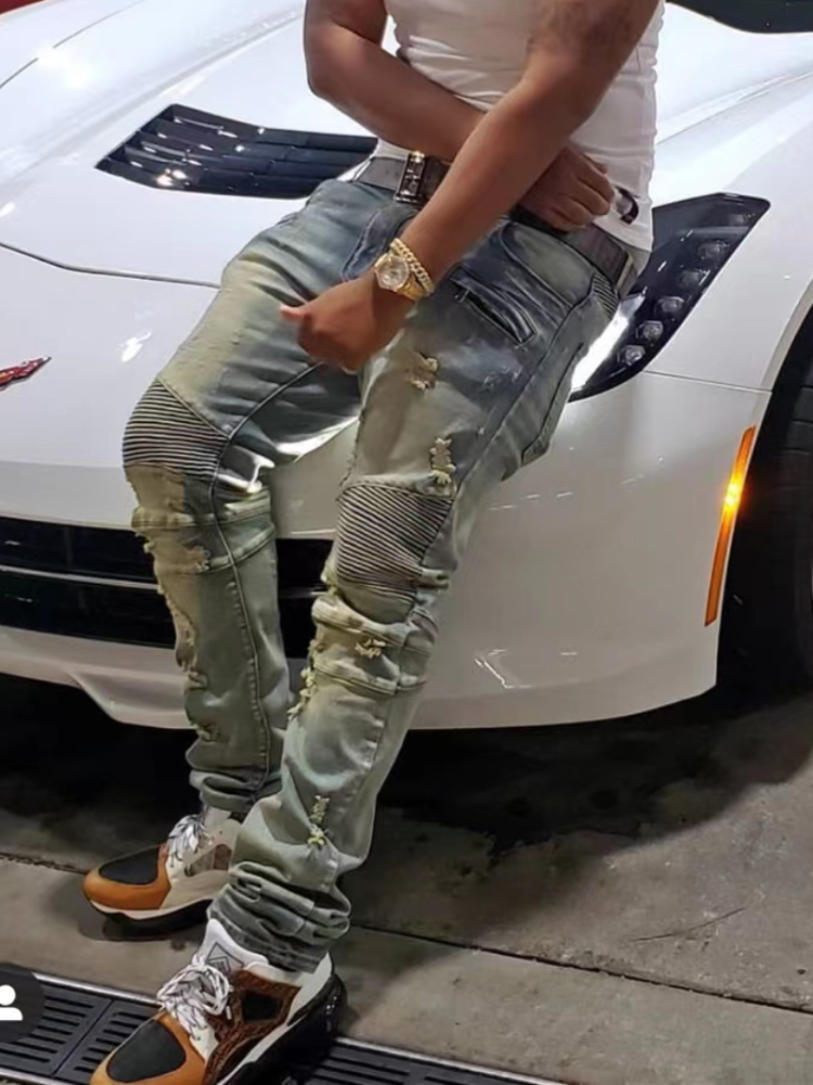 distressed washed pleated denim jean pants new fashion biker jeans streetwear casual slim pants jogger y2k mens skinny joggers unique joggers style 4139