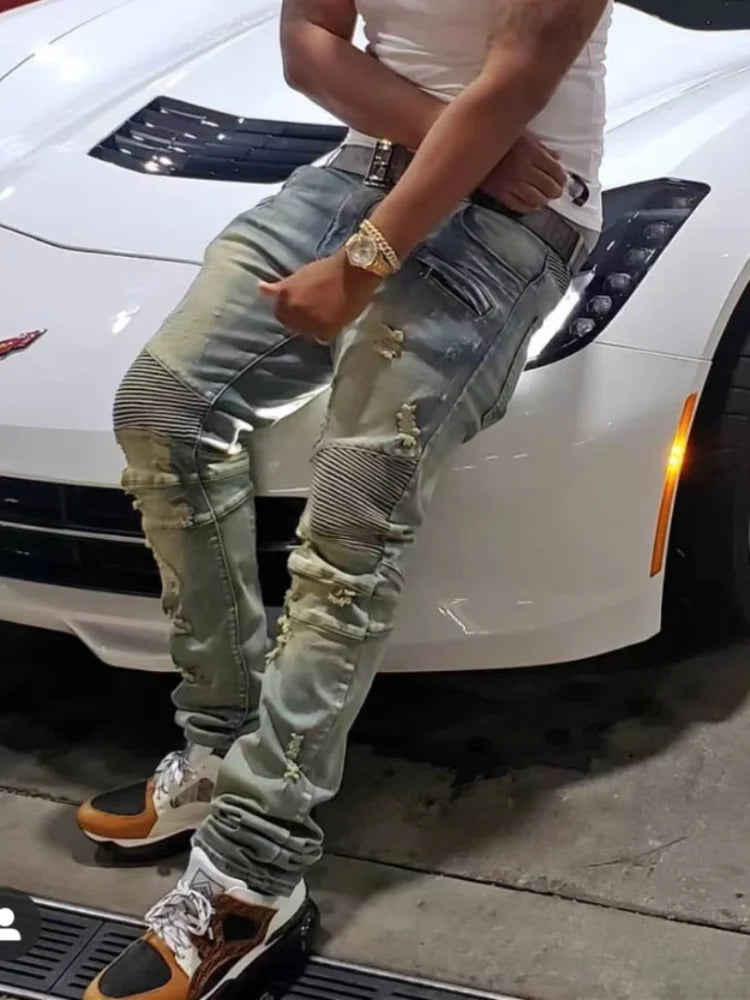 distressed washed pleated denim jean pants new fashion biker jeans streetwear casual slim pants jogger y2k mens skinny joggers casual joggers