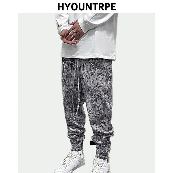 hip hop loose fit elastic waist pants fashion paisy ankle pants mens casual letter embroidery drewstring sportwear pants joggers relaxed fit joggers